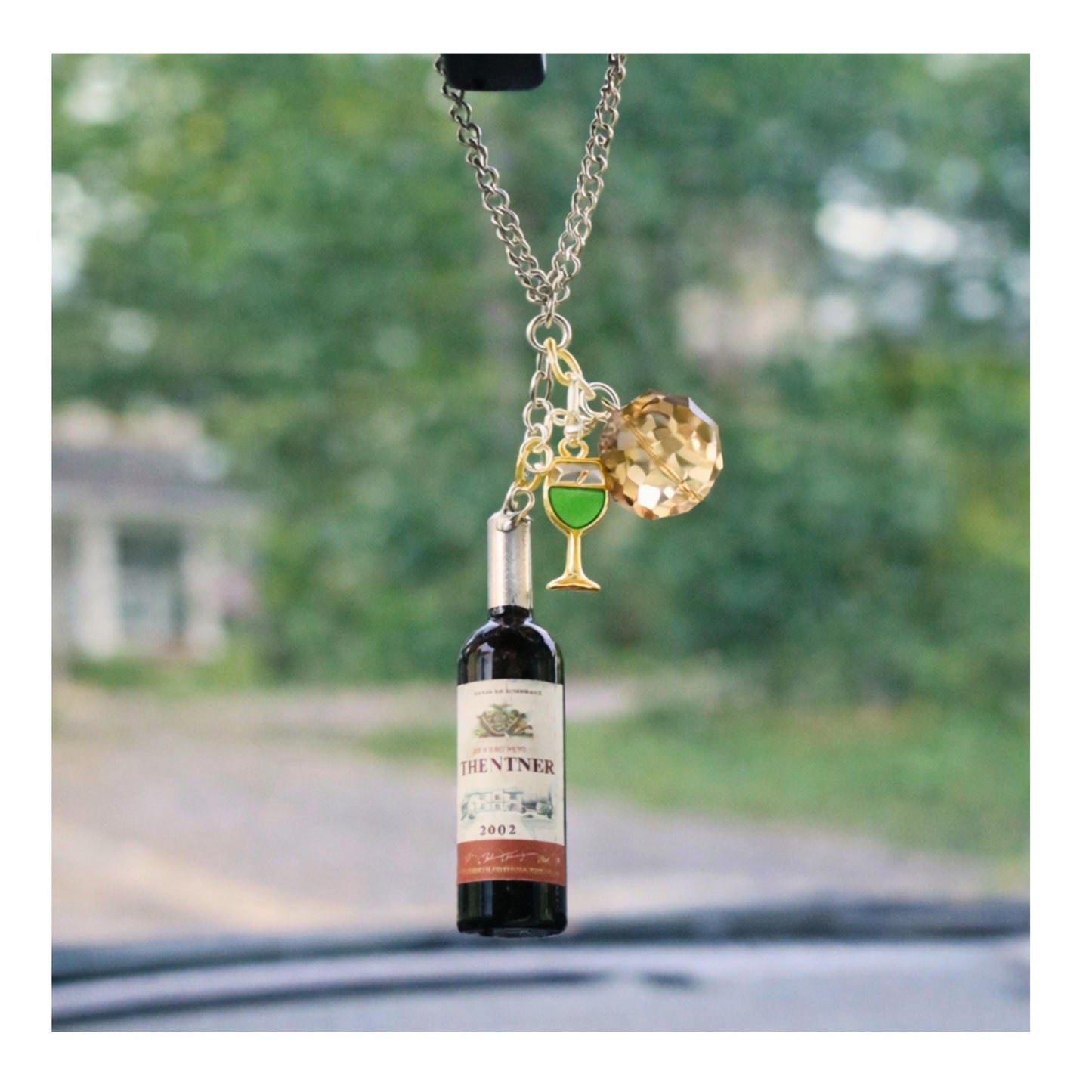 Wine Lover Car Charm – Sparkling Bottle & Glass Rear View Mirror Accessory