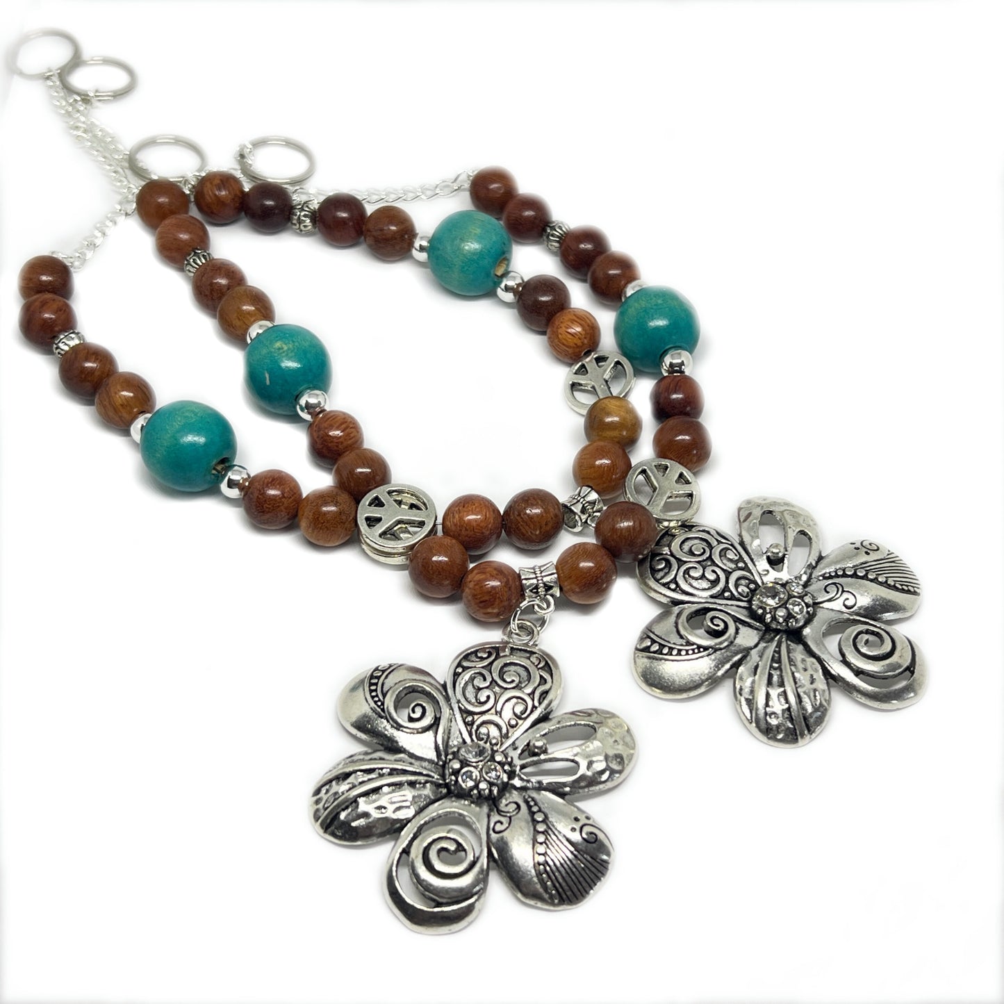 Boho Flower Curtain Tiebacks – Wood Beads & Turquoise, Retro Bohemian Home Decor Set of 2