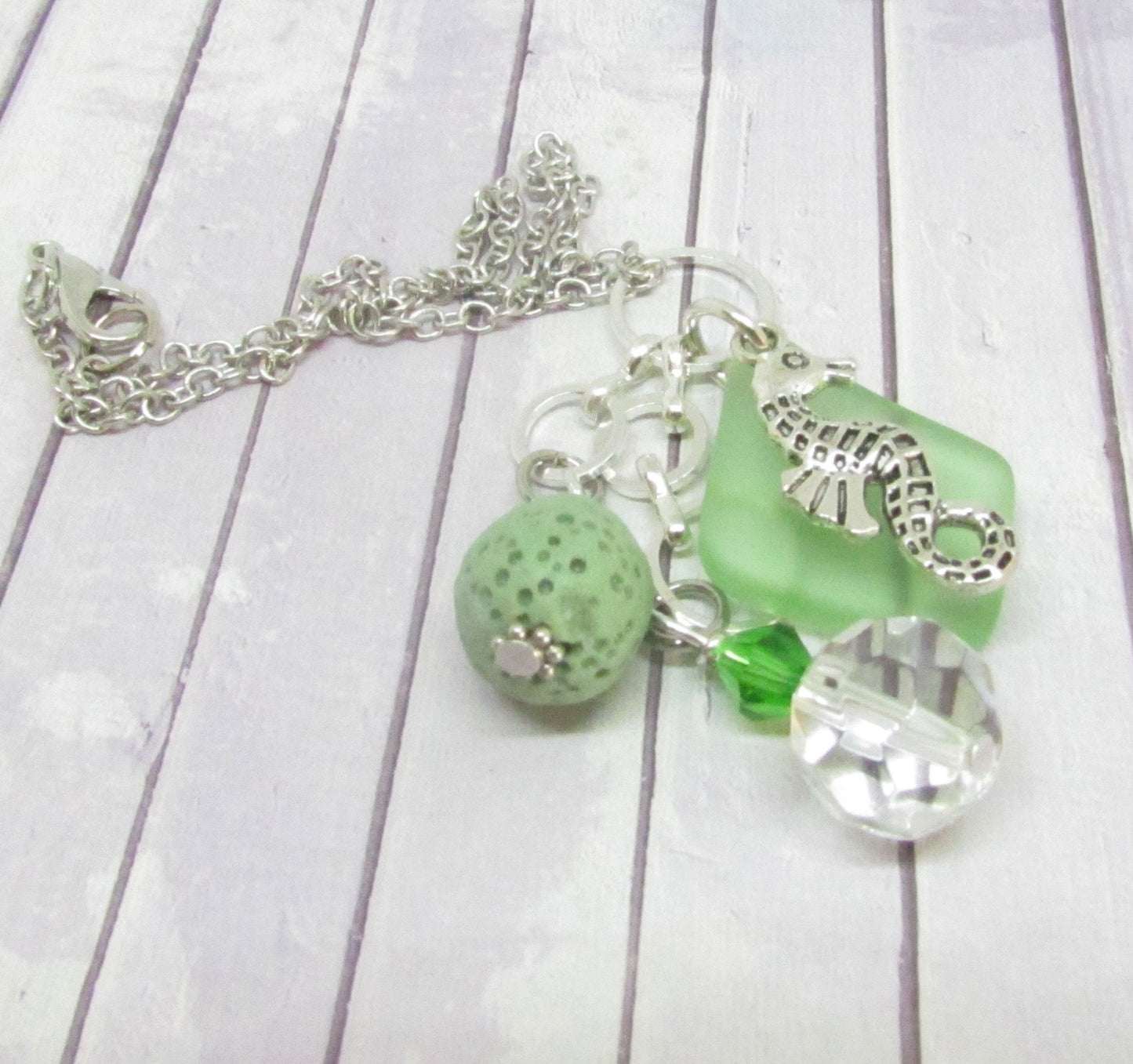 Green sea glass and seahorse charm car dangle with aromatherapy lava bead, coastal beach gift for women
