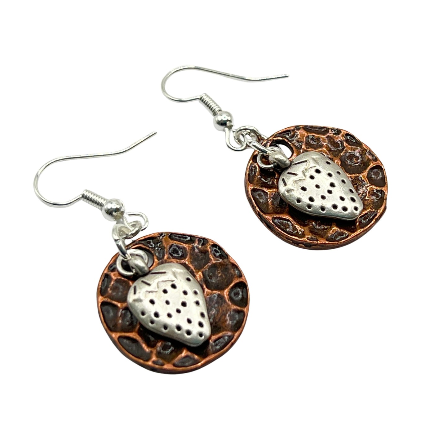 Strawberry Charm Dangle Earrings – Hammered Copper & Silver Disc, Whimsical Fruit Jewelry Gift