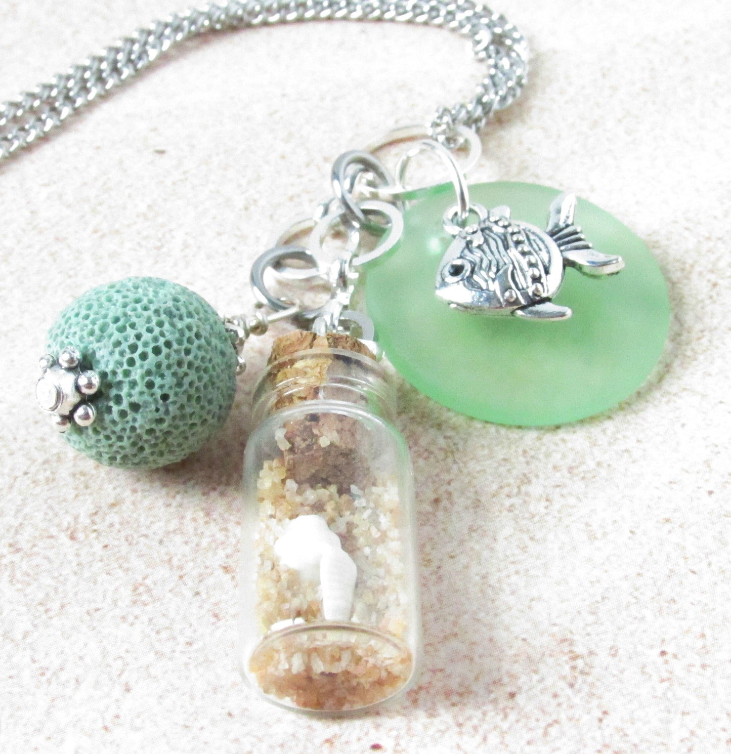 Sea Glass Car Charm – Beach Bottle & Fish Charm Rear View Mirror Diffuser, Coastal Ocean Gift