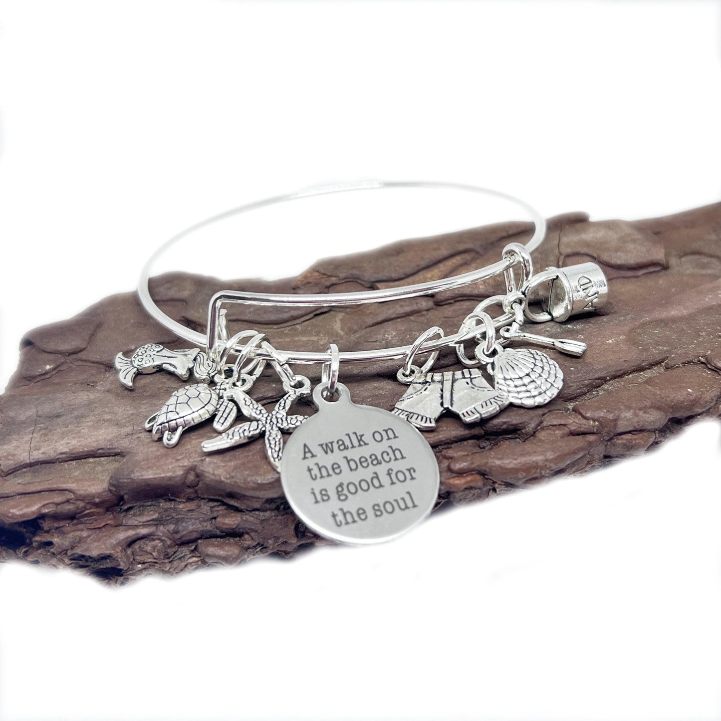 Beach Charm Bangle Bracelet – Sea Turtle, Mermaid & Starfish Ocean Jewelry, Coastal Gift