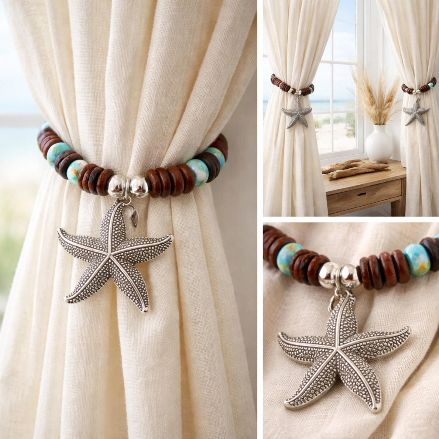 Starfish Curtain Tiebacks – Rustic Wood Bead & Sea Blue Nautical Beach Home Decor (Set of 2)