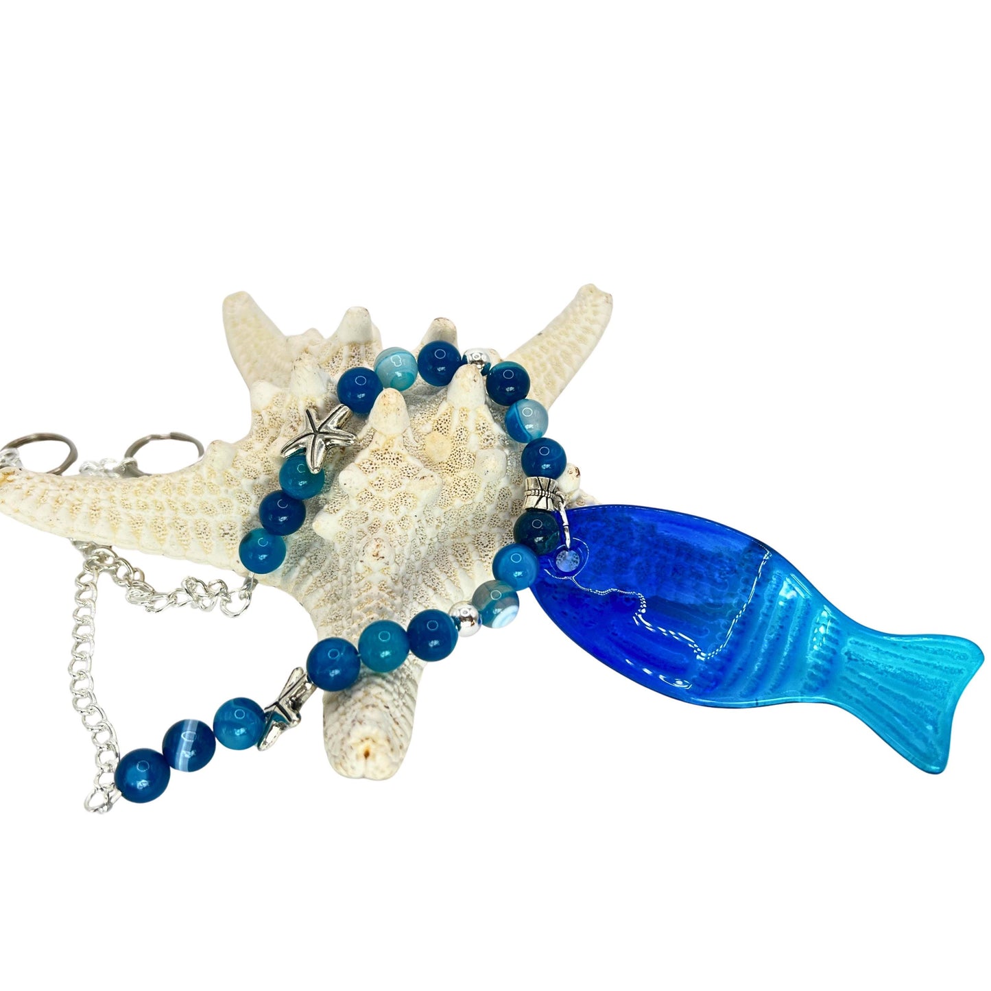 Blue Glass Fish Curtain Tiebacks – Ombre Beaded Nautical Beach Home Decor, Handmade Set of 2