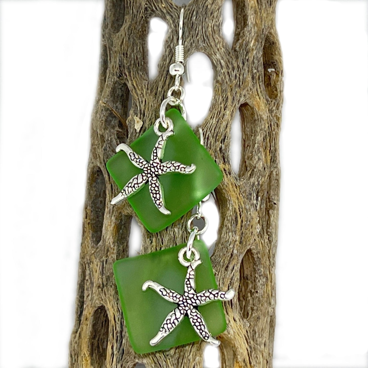 Sea Glass Starfish Earrings – Ocean Blue or Green Dangle Drop, Handmade Coastal Beach Gift