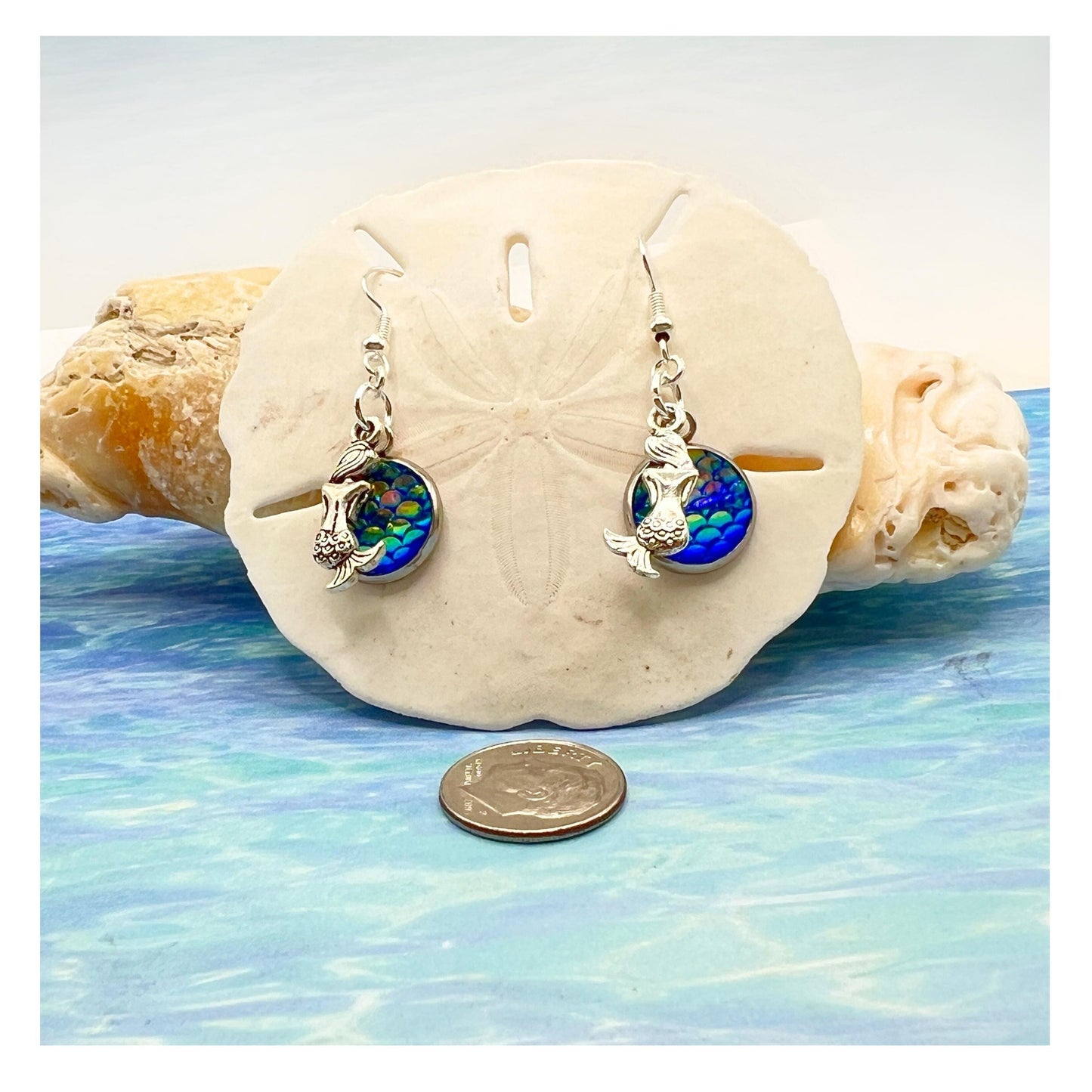 Mermaid Scale Dangle Earrings – Iridescent Fish Scale & Tiny Mermaid Charms, Coastal Ocean Gift