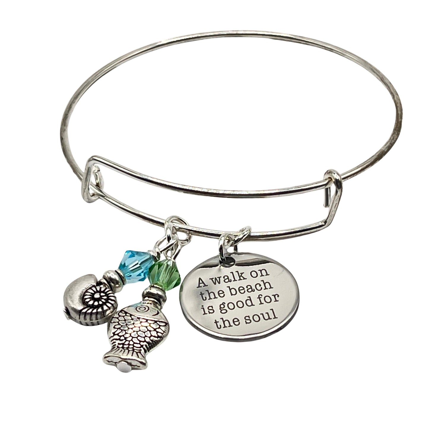 Beach Charm Bangle Bracelet – Inspirational Quote, Snail & Fish Charms, Coastal Gift for Her