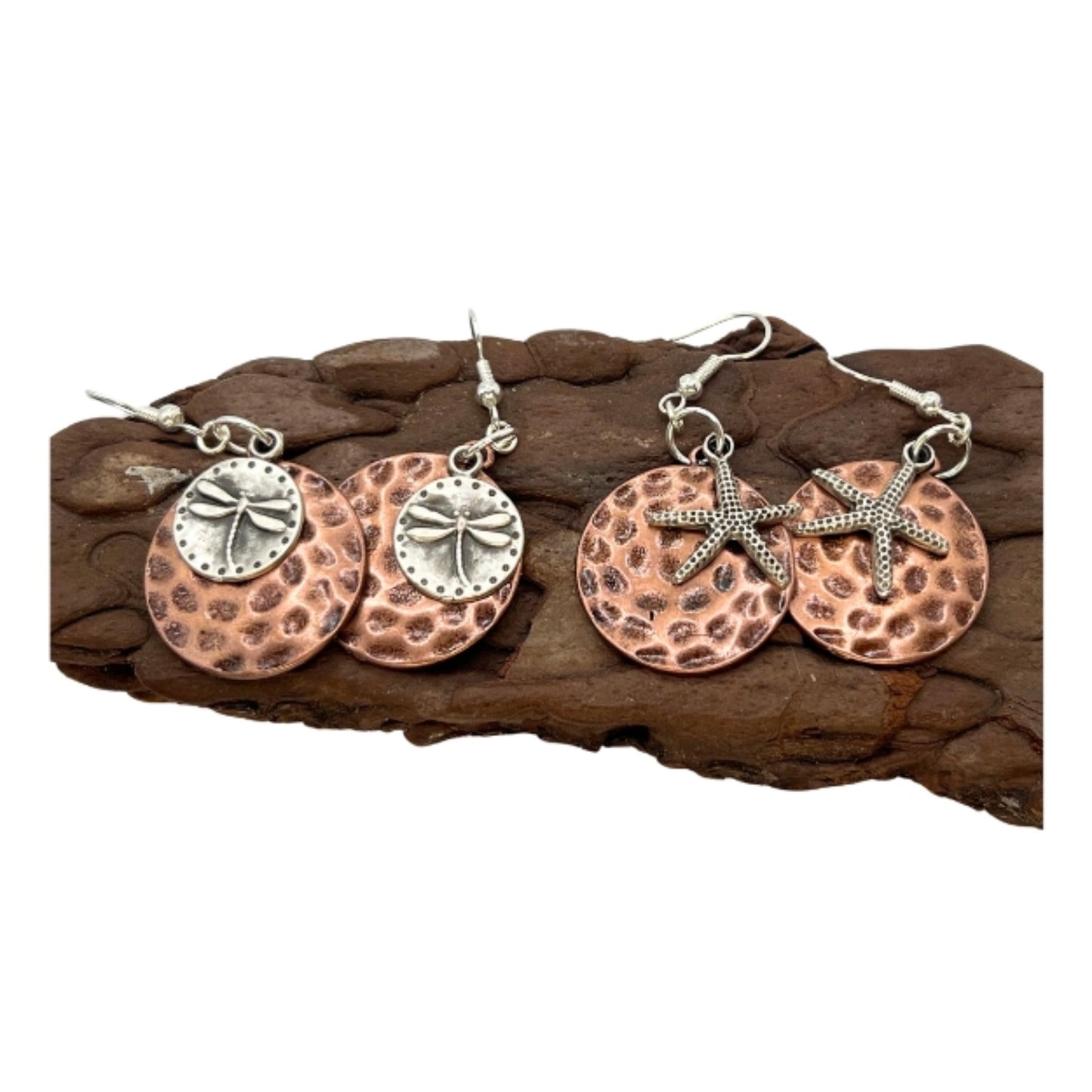 Boho Copper Dangle Earrings – Dragonfly or Starfish Charm, Rustic Handmade Beach Jewelry