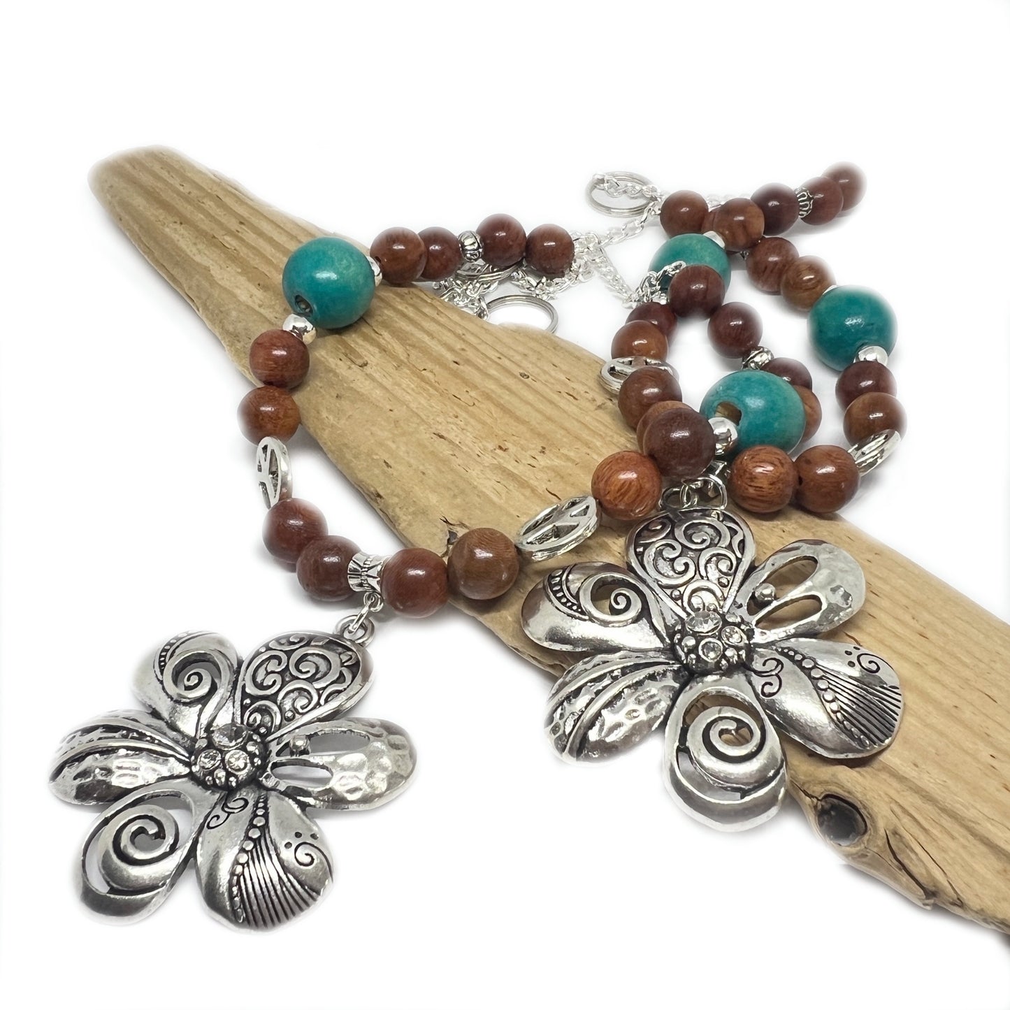 Boho Flower Curtain Tiebacks – Wood Beads & Turquoise, Retro Bohemian Home Decor Set of 2