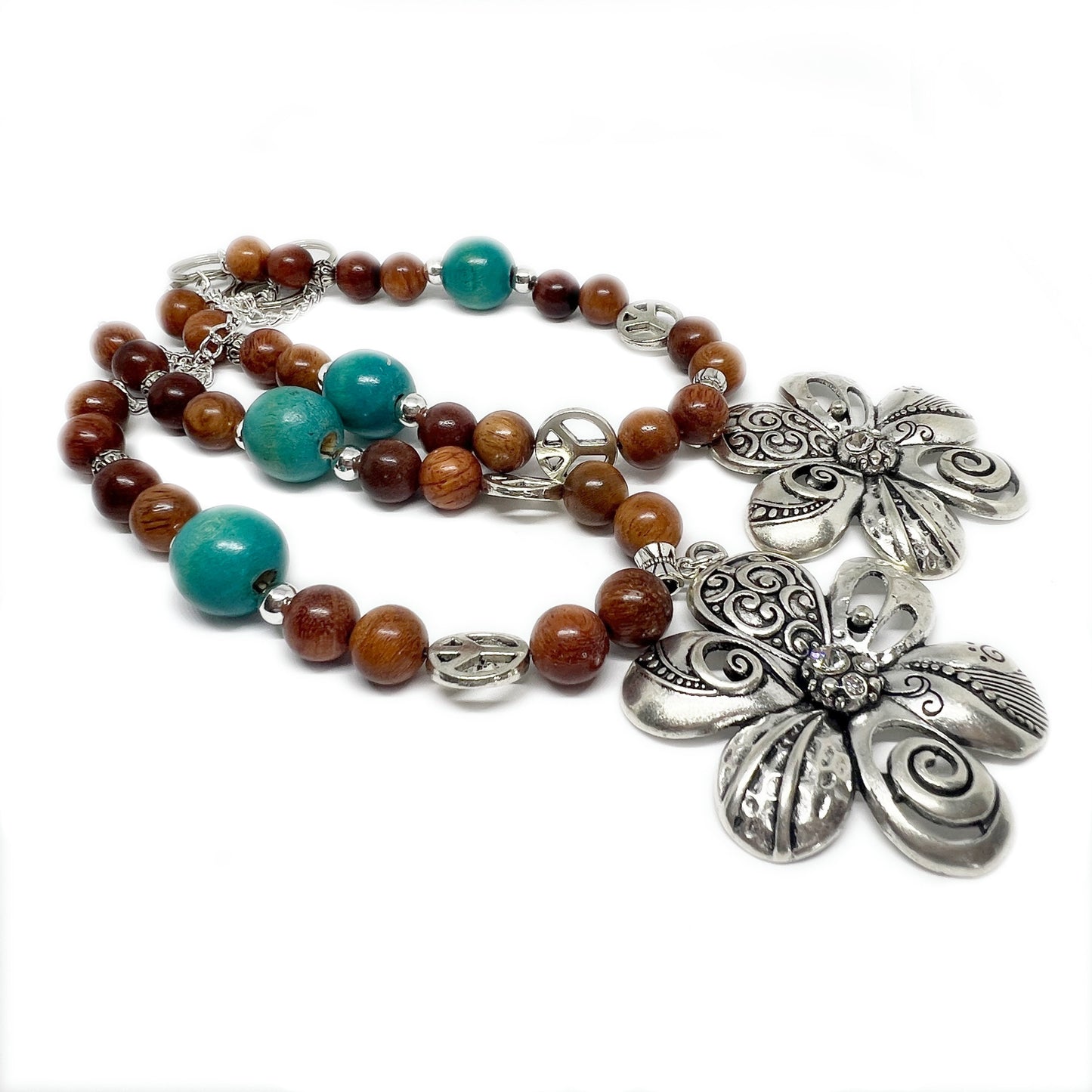 Boho Flower Curtain Tiebacks – Wood Beads & Turquoise, Retro Bohemian Home Decor Set of 2