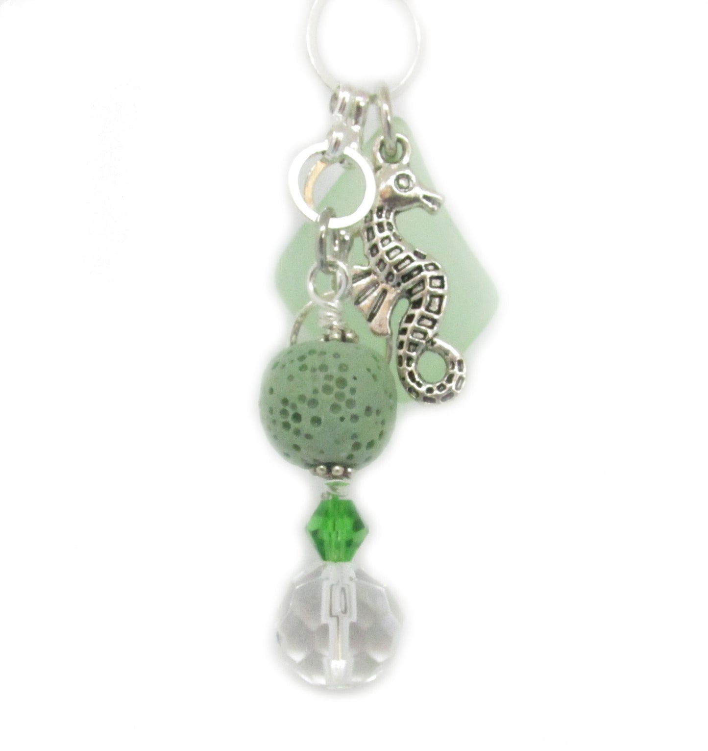 Sea Glass Car Charm – Seahorse & Lava Bead Rear View Mirror Diffuser, Coastal Aromatherapy Gift
