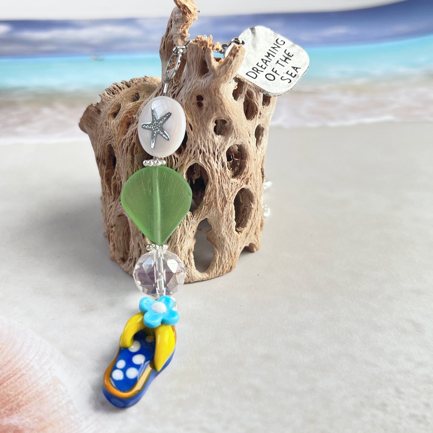 Sea Glass Car Charm – Flip Flop & Starfish Rear View Mirror Ornament with Beach Quote