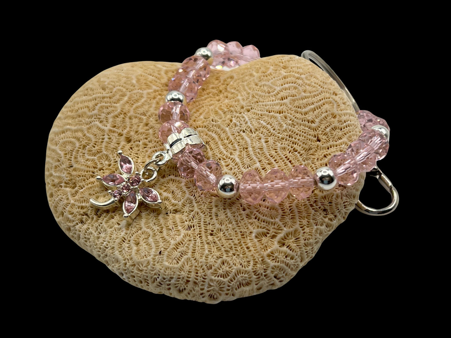 Pink Crystal Dragonfly Keychain Bracelet – Wrist Lanyard, Handmade Gift for Her