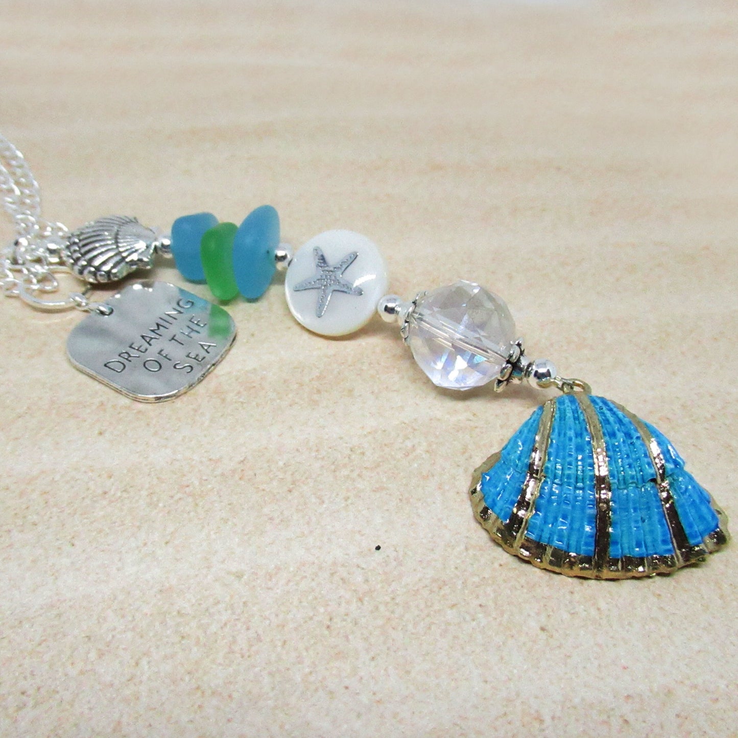 Seashell Car Charm – Rear View Mirror Sun Catcher with Crystal Heart & Sea Glass