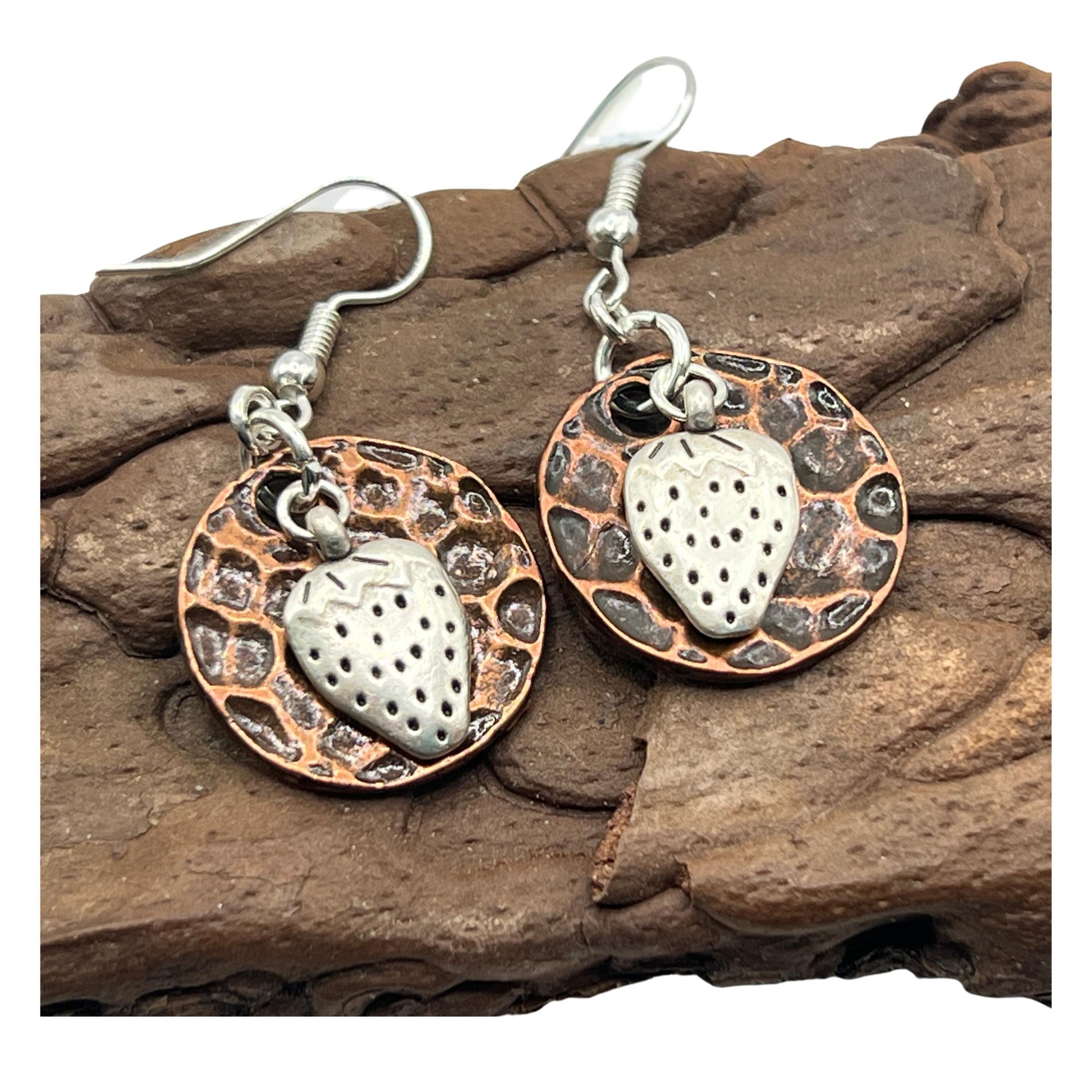Artisan hammered copper disc earrings with adorable strawberry charm pendant, 1.5 inch fishhook style summer earrings