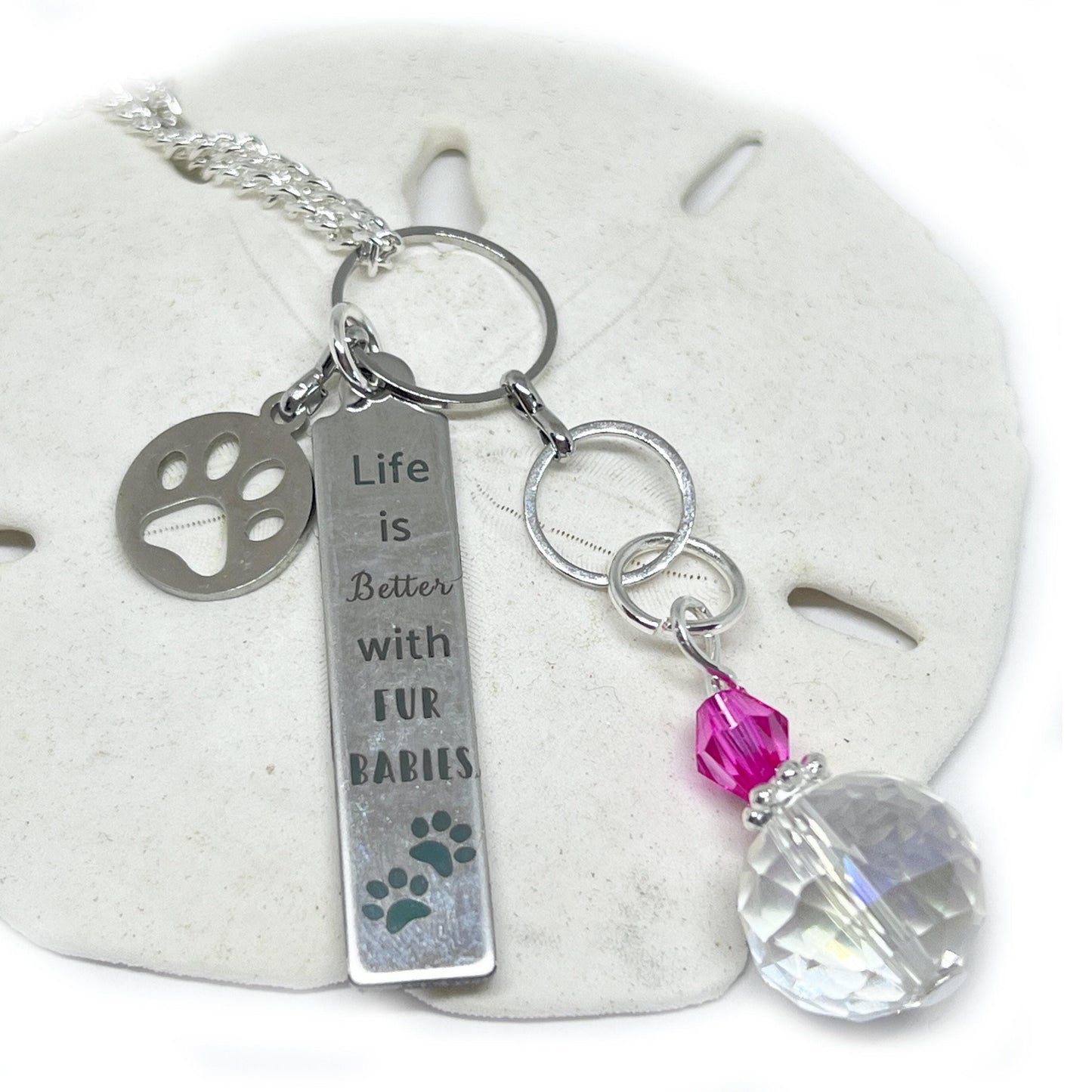 Fur Babies Rear View Mirror Charm – Crystal Paw Quote Car Dangle, Pet Lover Gift (Pink or Clear)