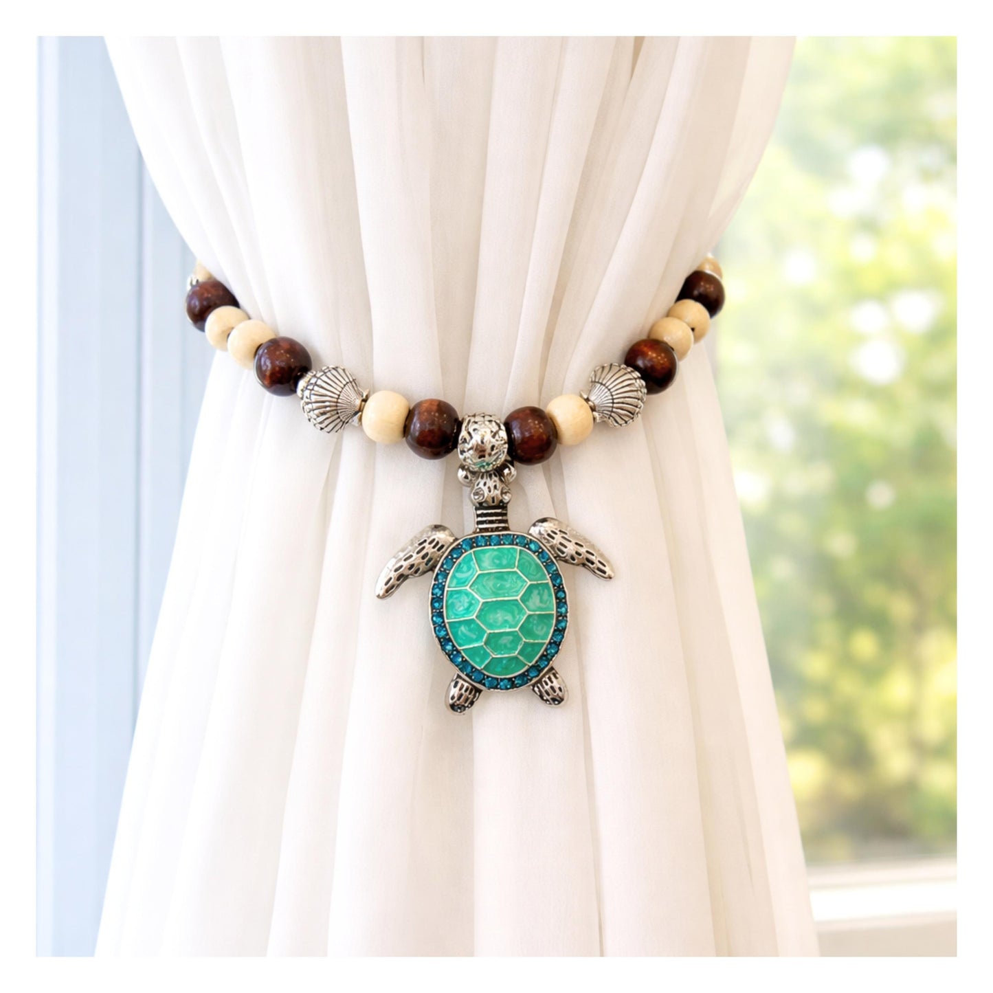 Sea Turtle Curtain Tiebacks – Wood Bead & Shell Coastal Beach Home Decor, Handmade Set of 2