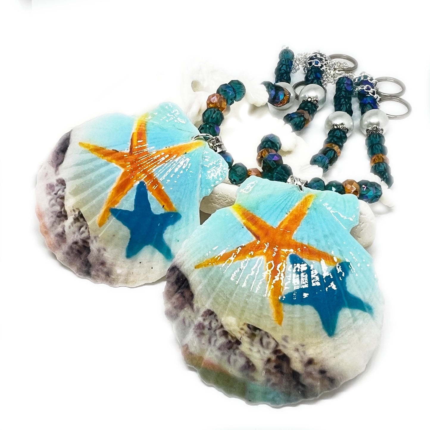 Sea Shell Curtain Tiebacks – Hand-Painted Shell Beaded Coastal Home Decor, Handmade Set of 2