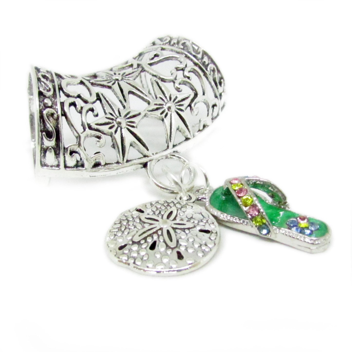 Sand Dollar & Flip Flop Scarf Slide – Rhinestone Beach Scarf Jewelry, Coastal Accessory Gift