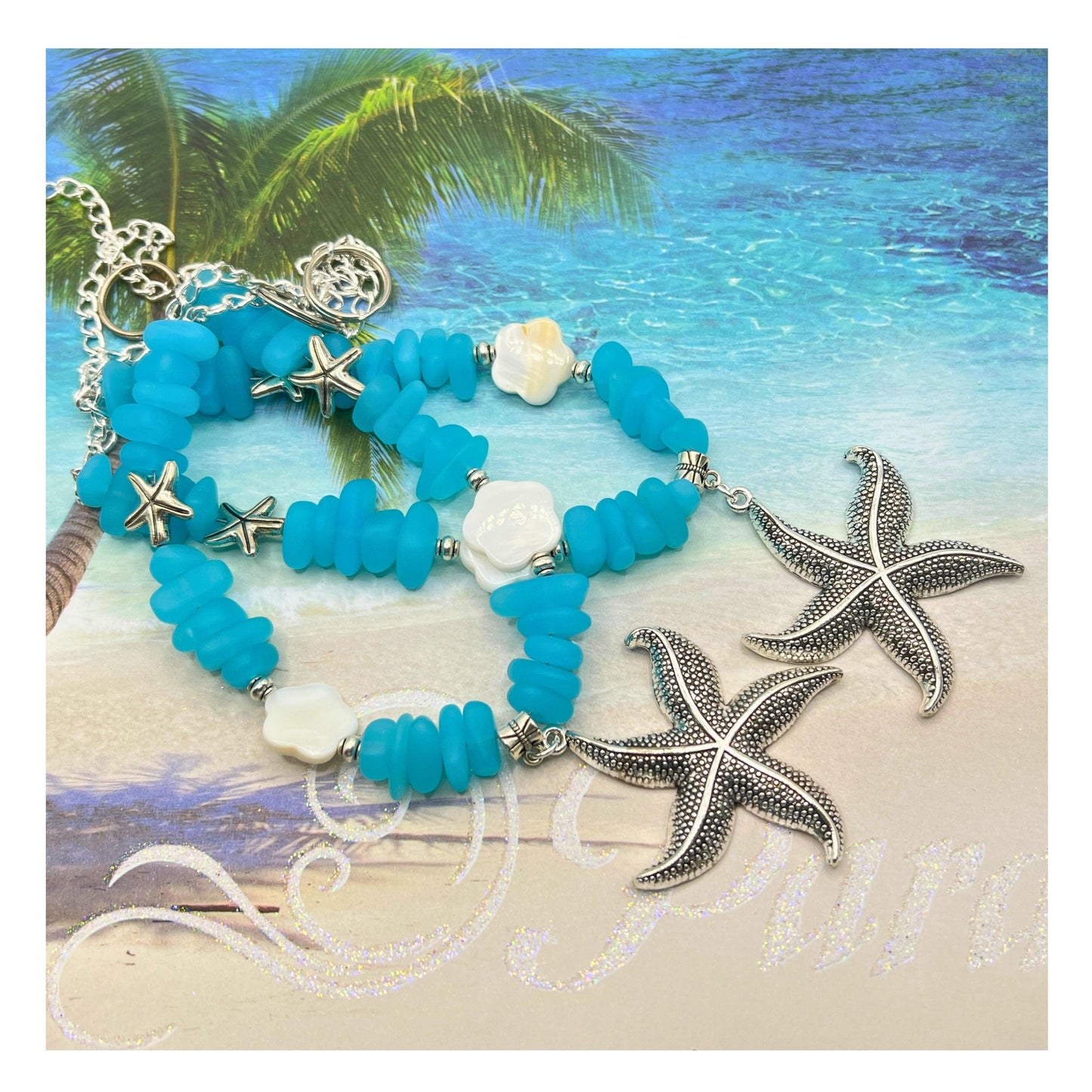 Starfish Curtain Tiebacks – Blue Sea Glass Beaded Coastal Beach Decor, Set of 2