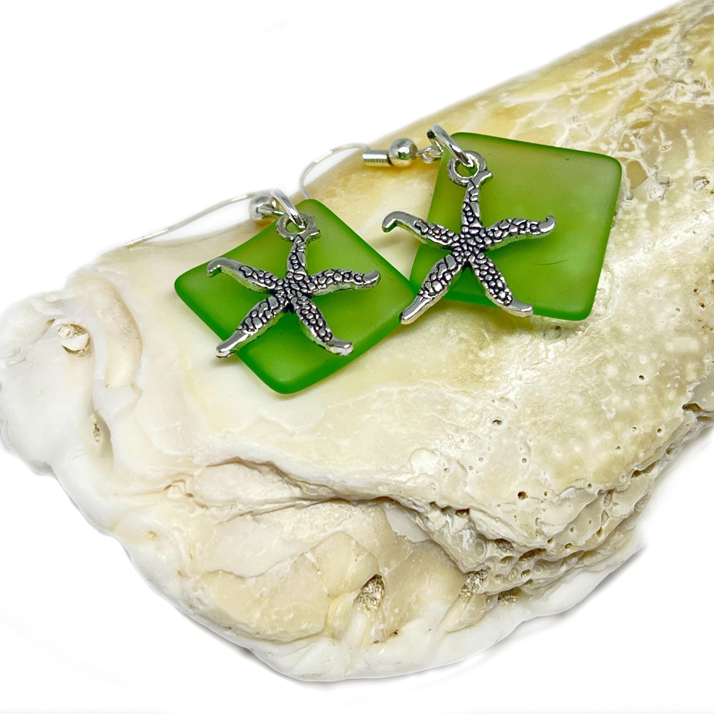 Sea Glass Starfish Earrings – Ocean Blue or Green Dangle Drop, Handmade Coastal Beach Gift