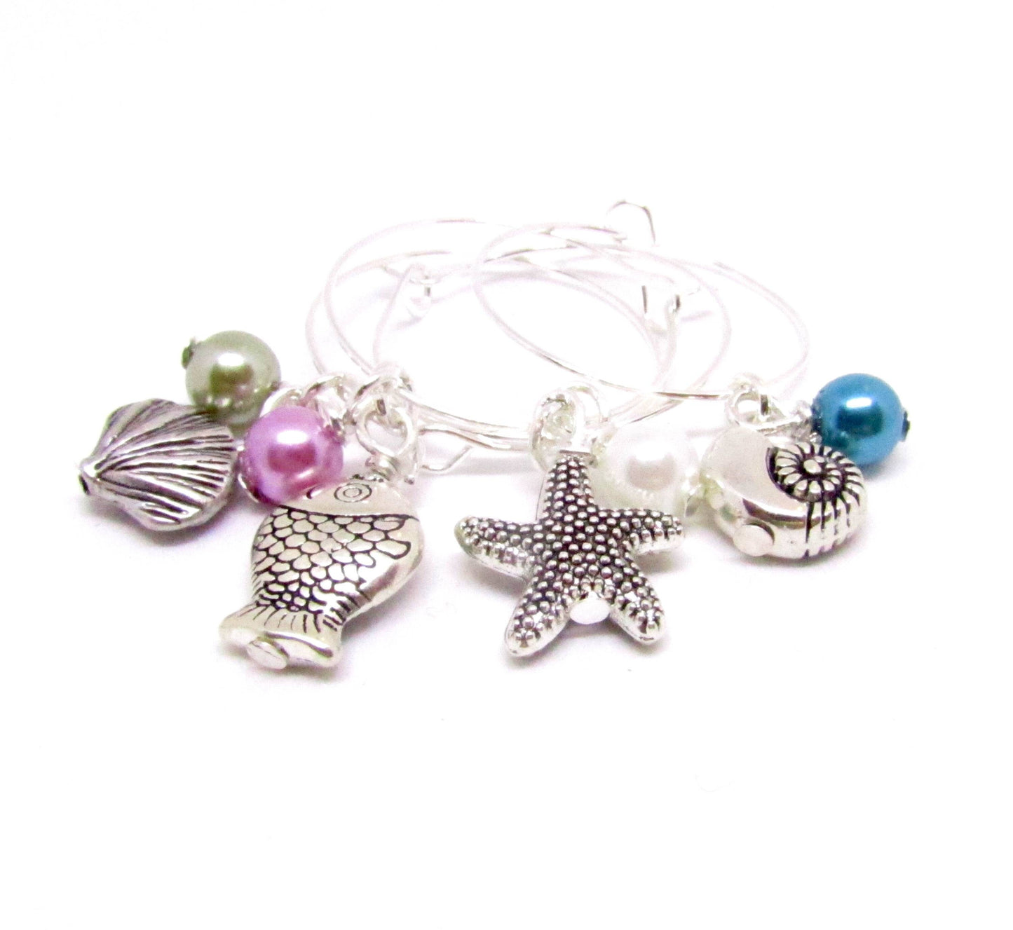 Handmade beach wine glass charms with shell, fish and starfish pendants and colored pearl beads, set of 4 in gift box