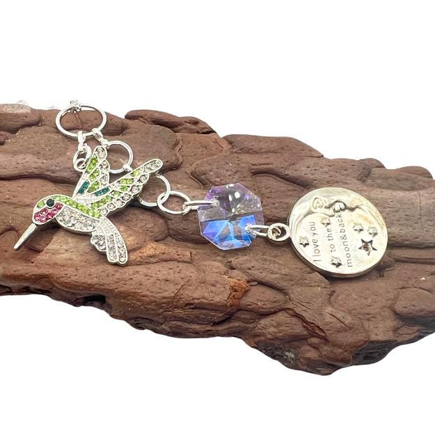 Car Rearview Charm: Colorful Hummingbird - Crystal and Quote Detail