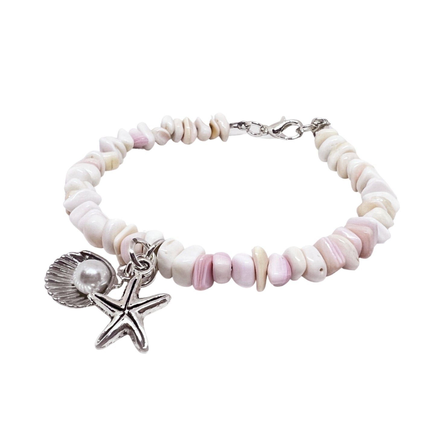 Pink Shell Bracelet – Starfish Charm & Pearl Beads, Natural Coastal Beach Jewelry for Her
