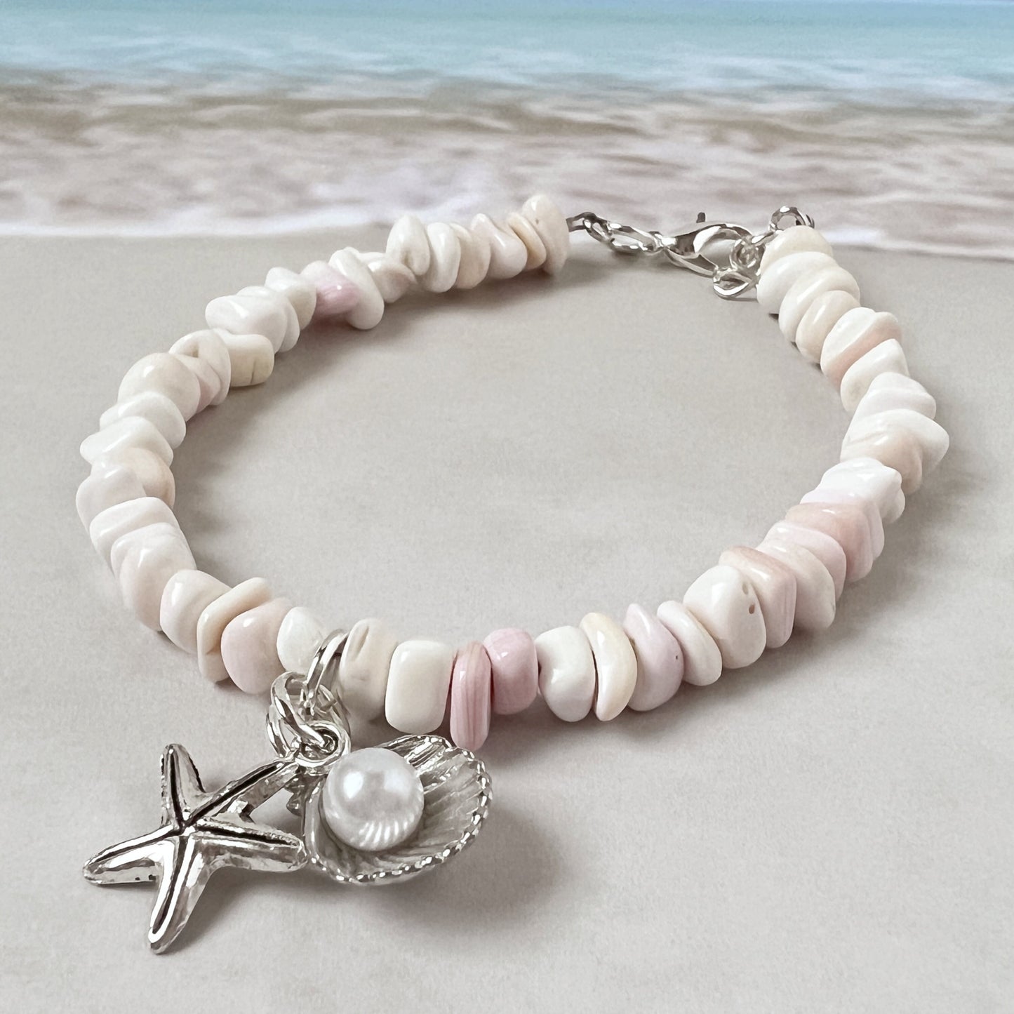 Pink Shell Bracelet – Starfish Charm & Pearl Beads, Natural Coastal Beach Jewelry for Her