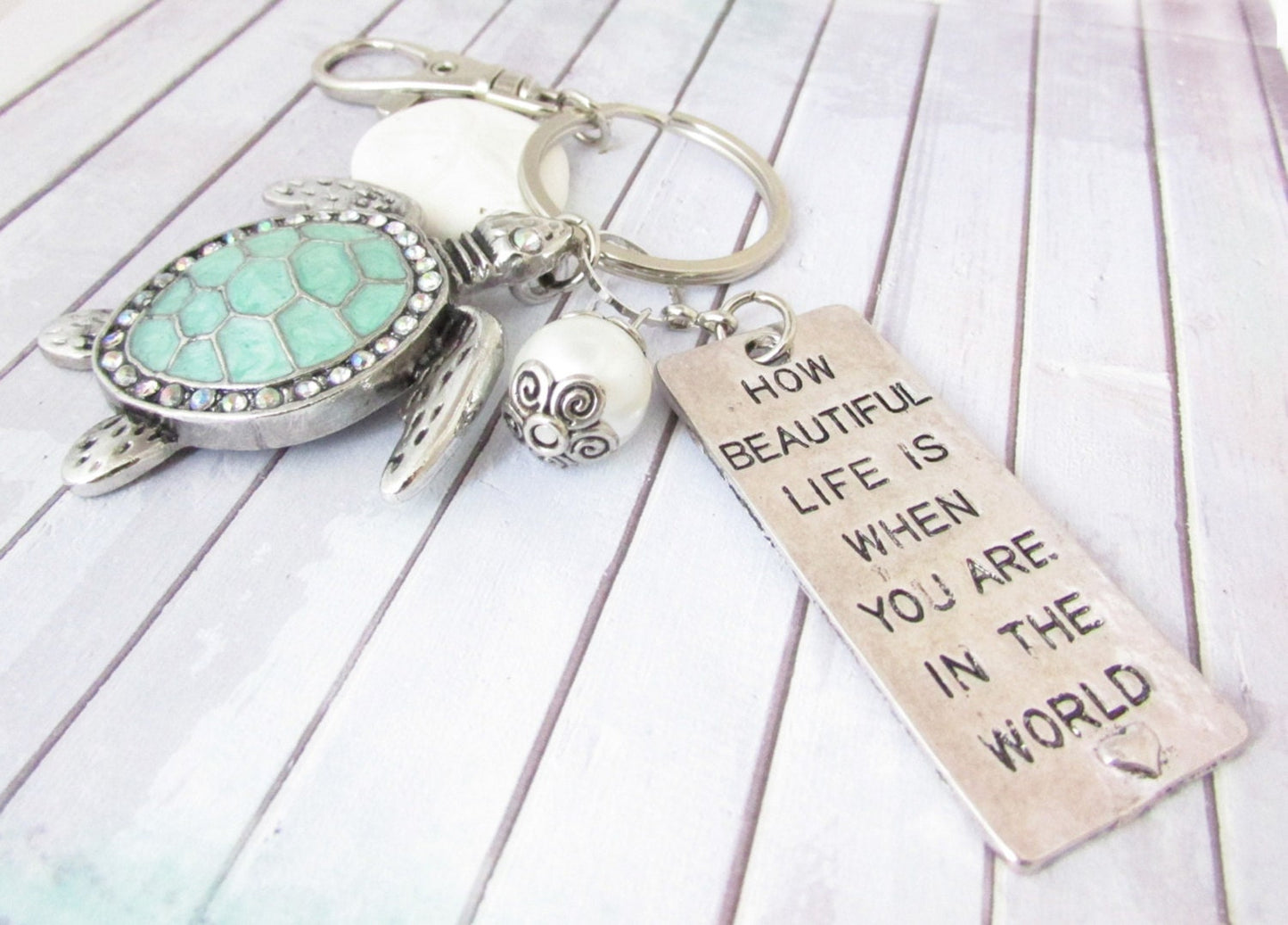 Sea Turtle Keychain – Abalone Shell Beach Keyring, Ocean Lover Gift