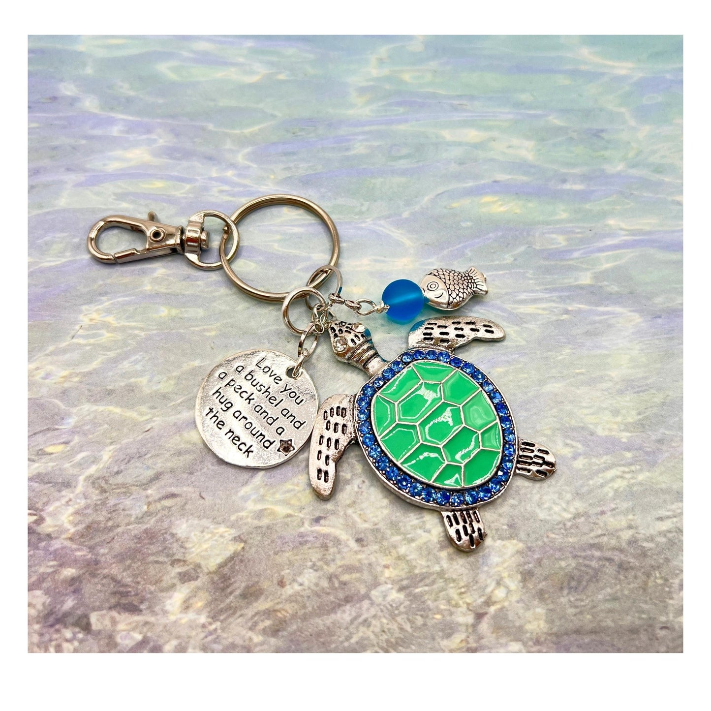 Sea Turtle Keychain with Love Quote Charm – Enamel Ocean Purse Charm & Nautical Keyring Gift