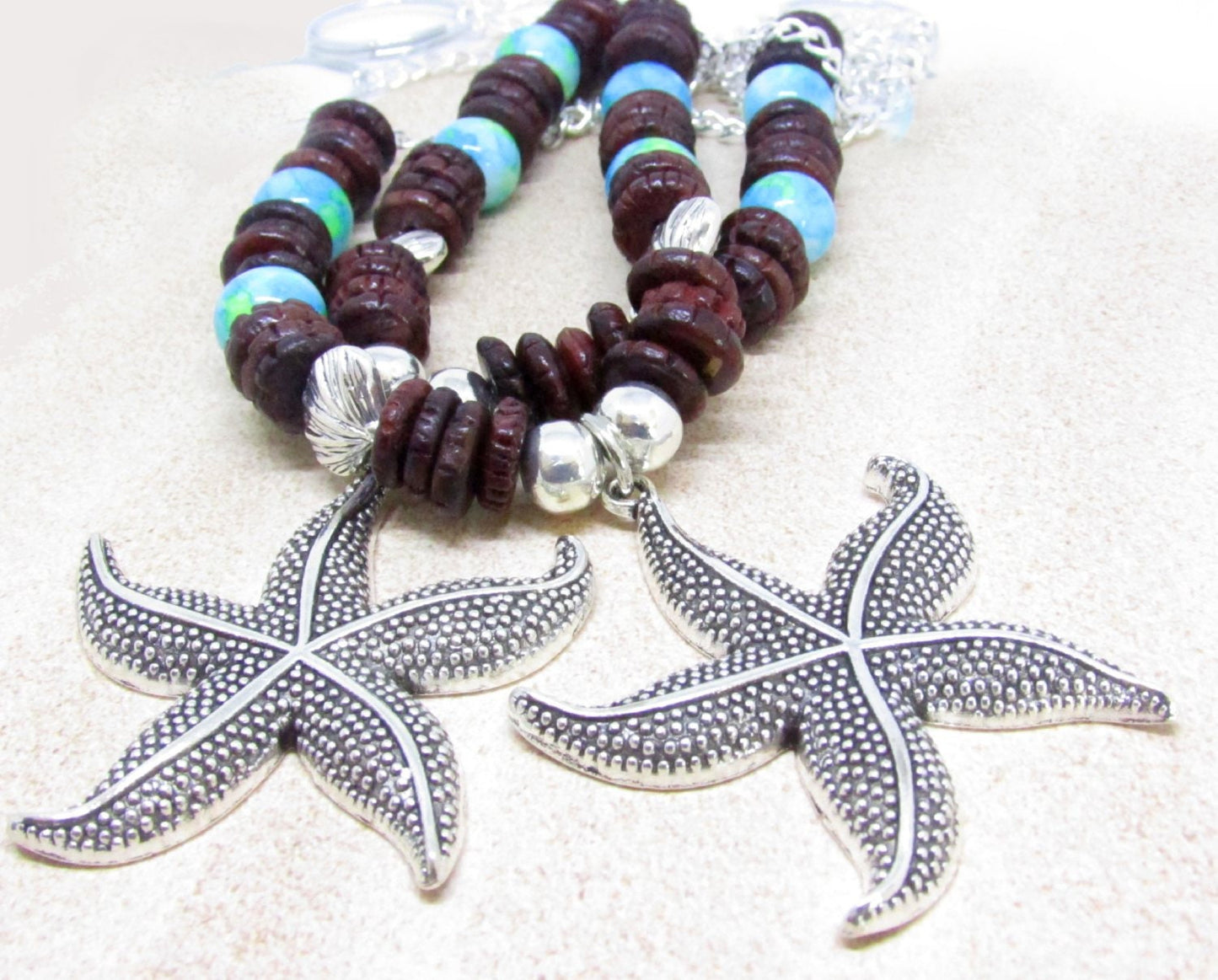 Starfish Curtain Tiebacks – Rustic Wood Bead & Sea Blue Nautical Beach Home Decor (Set of 2)