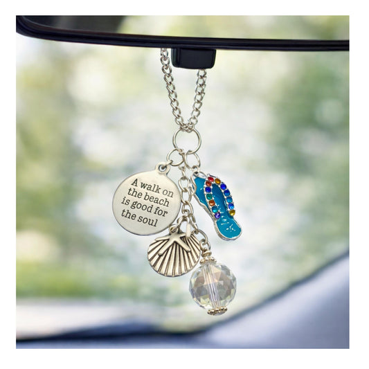 Tropical Car Mirror Charm – Starfish, Seashell & Flip Flop Suncatcher with Beach Quote