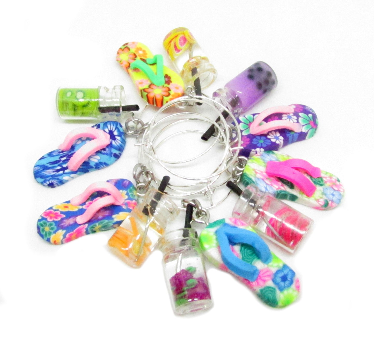 Tropical Wine Glass Charms – Flip Flop & Tropical Drink Beach Party Favors (Set of 4 or 6)