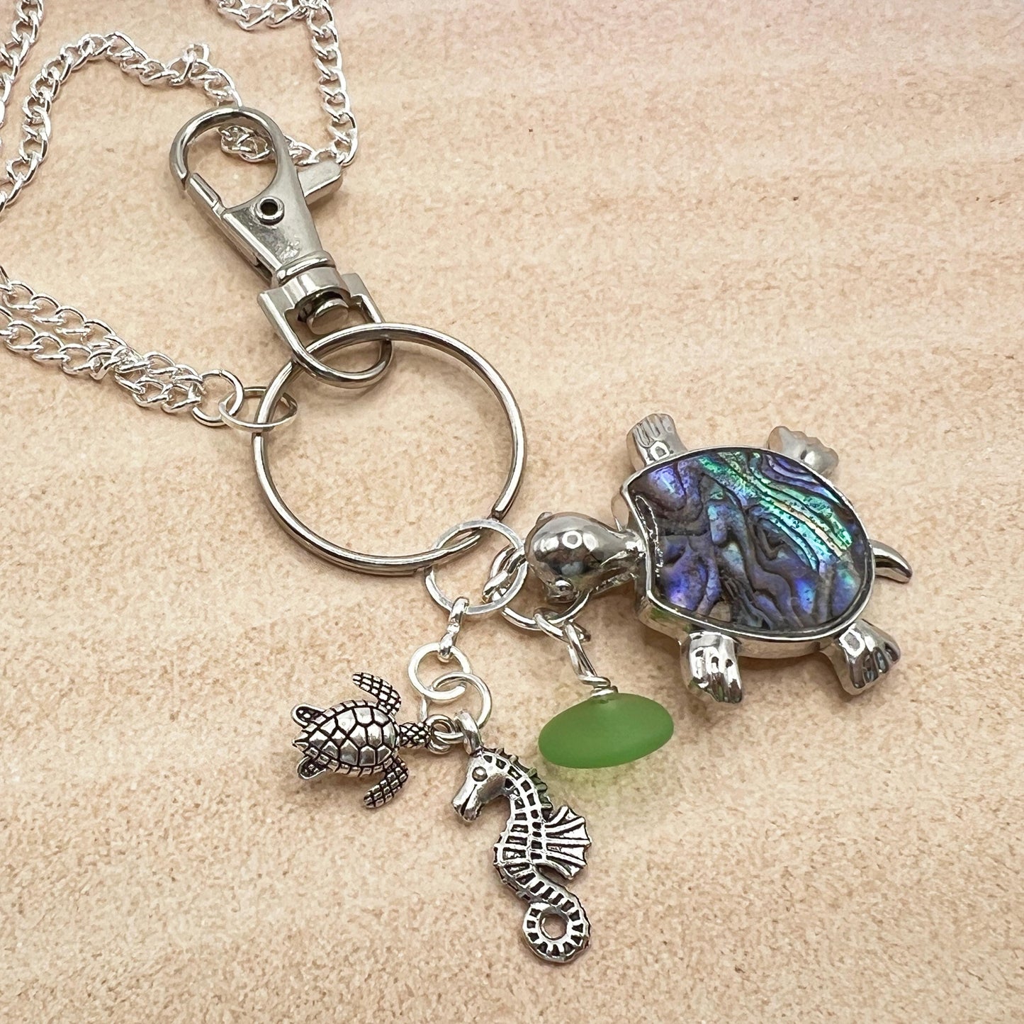 Sea Turtle Eyeglass Lanyard – Sea Glass & Abalone Shell Coastal Necklace Holder, Gift for Her