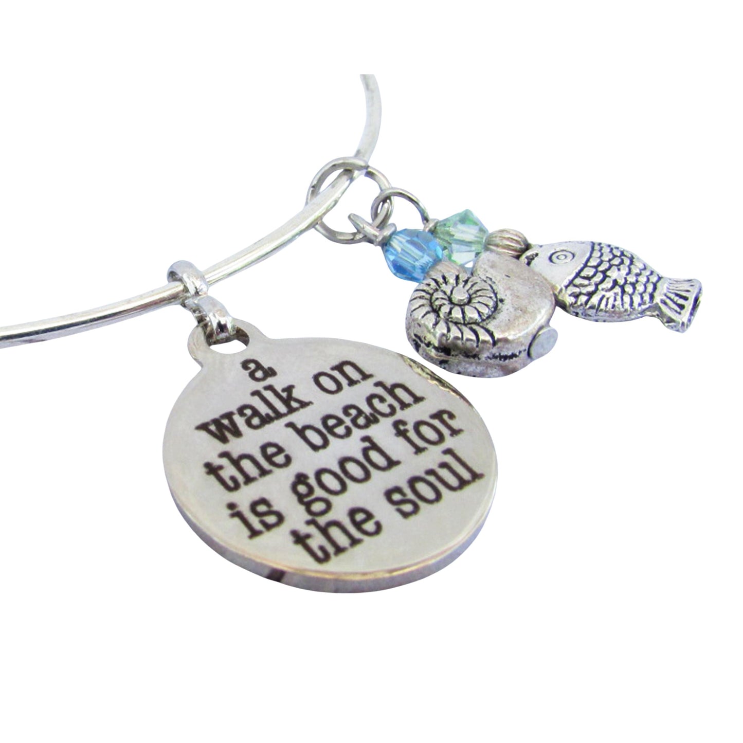 Beach Charm Bangle Bracelet – Inspirational Quote, Snail & Fish Charms, Coastal Gift for Her