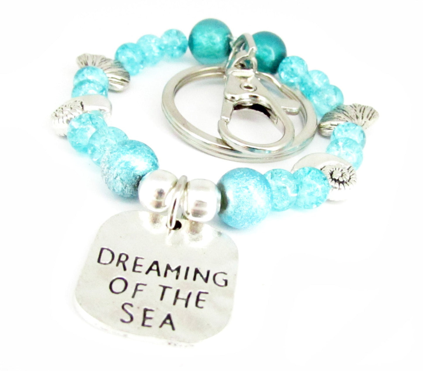 Aqua Beaded Keychain Bracelet – Shell Charm Wristlet Keyring, Coastal Beach Gift for Her