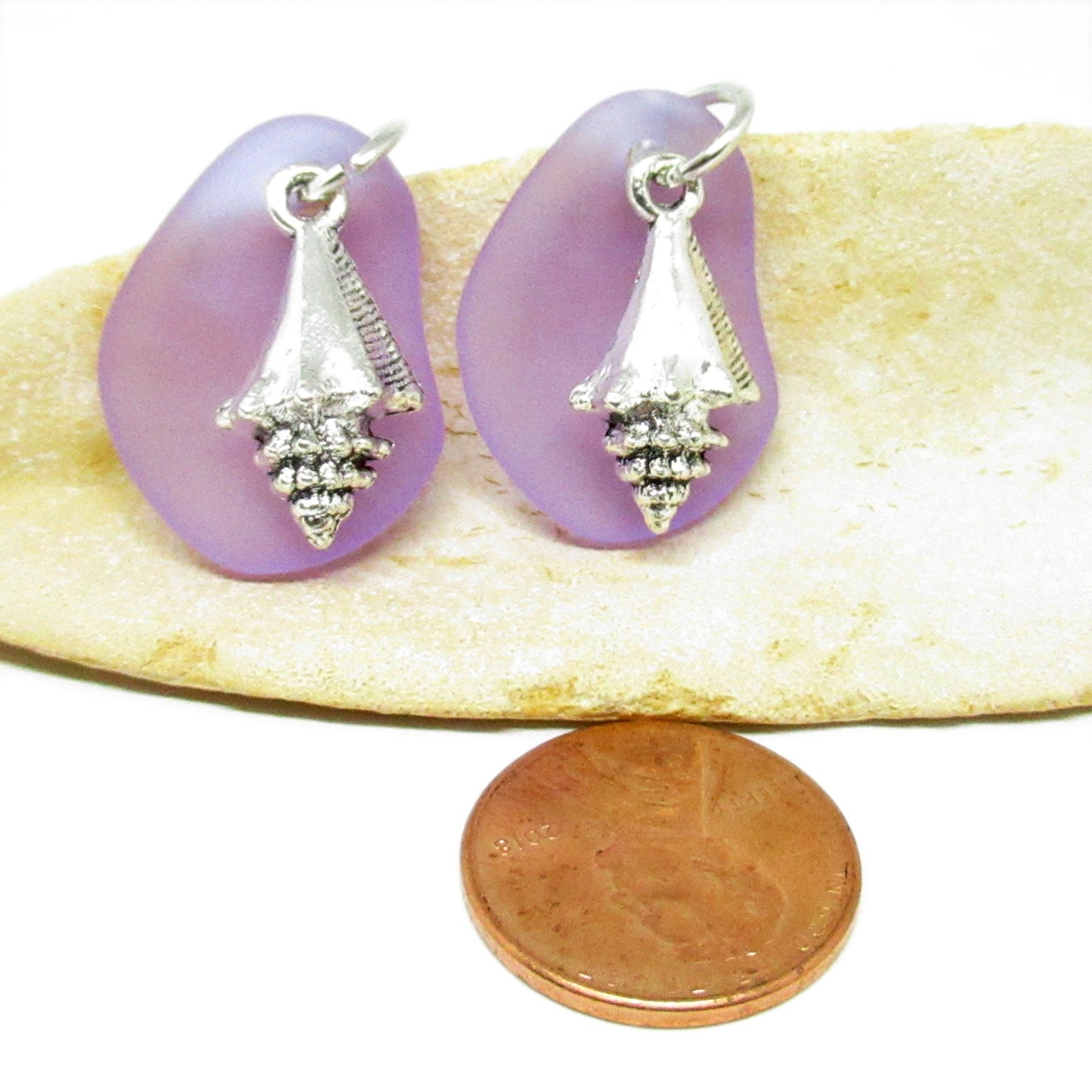 Sea Glass & Seashell Earrings – Purple or Blue Coastal Drop Jewelry, Handmade Beach Gift