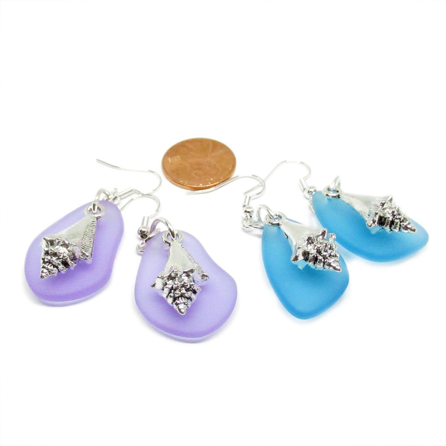 Sea Glass Shell Earrings – Matte Lavender or Ocean Blue, Eco-Friendly Coastal Beach Jewelry