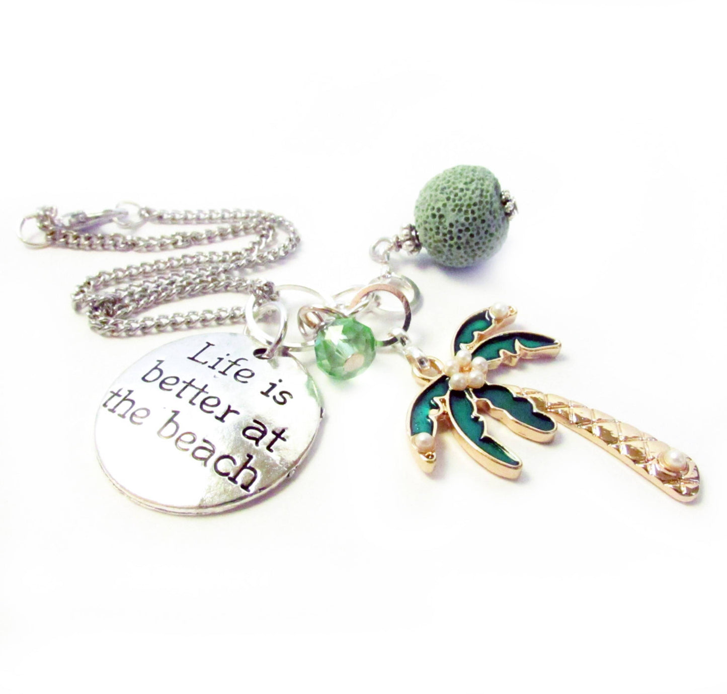 Palm Tree Car Charm – Rhinestone Pendant & Green Lava Bead Diffuser, Tropical Beach Gift