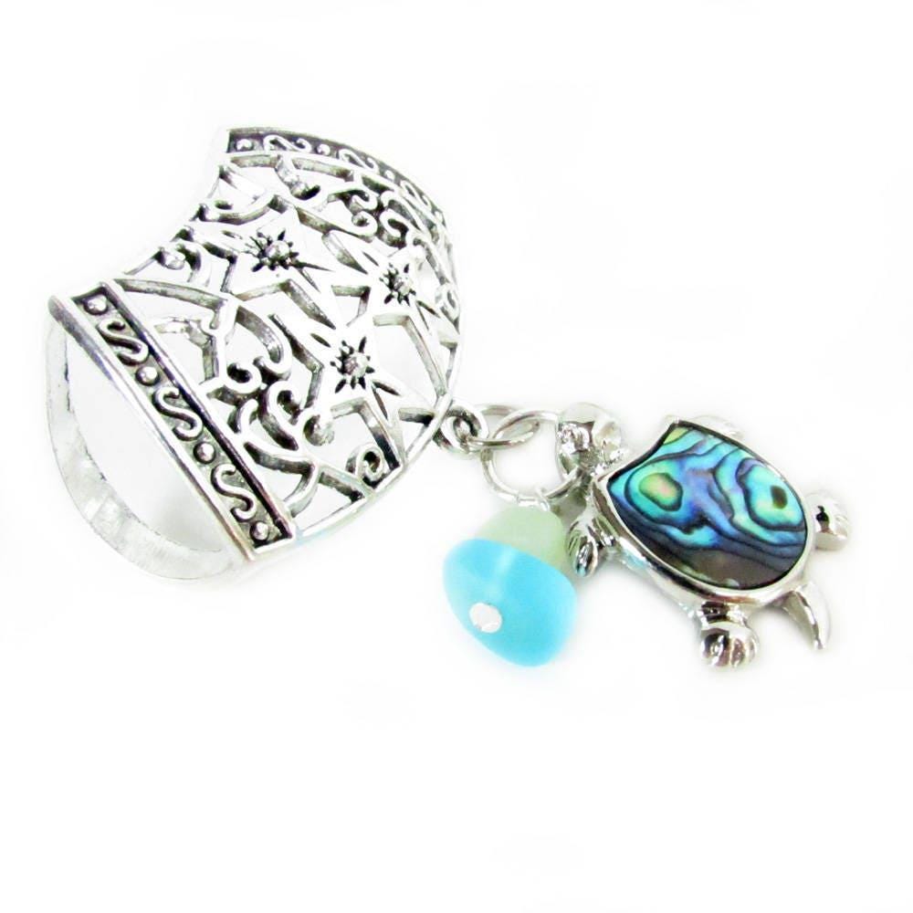 Sea Glass Turtle Scarf Slide – Abalone Shell & Sea Glass Chip Coastal Scarf Jewelry Gift