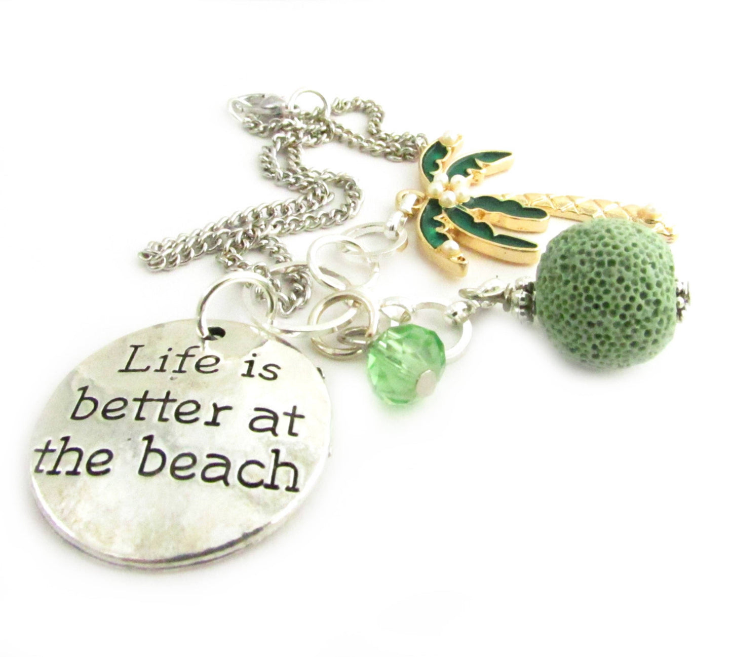 Palm Tree Car Charm – Rhinestone Pendant & Green Lava Bead Diffuser, Tropical Beach Gift
