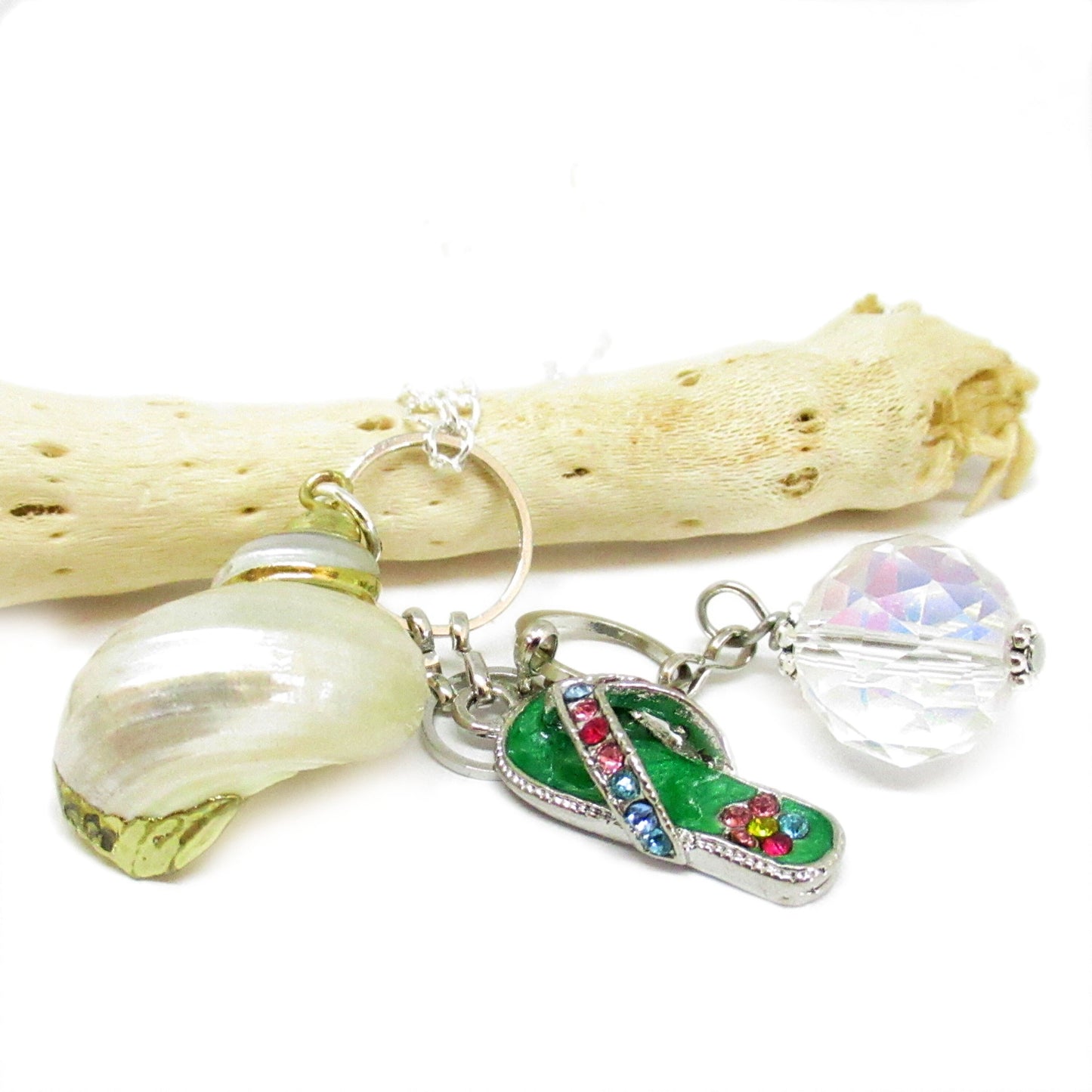 Handmade seashell rearview mirror car charm with gold trim, colorful flip flop charm and crystal bead, 7 inch beach car dangle