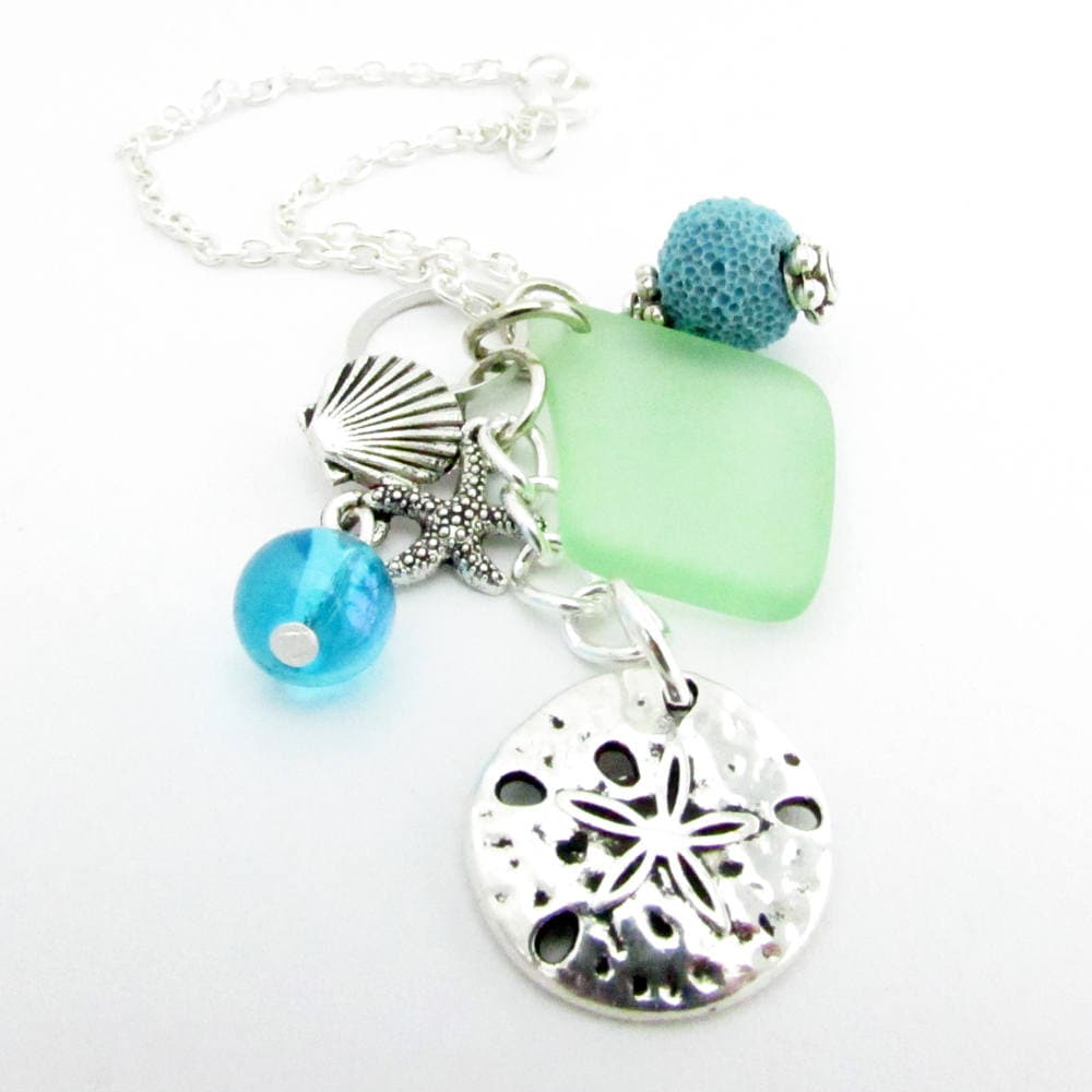 Sea Glass Car Charm with Sand Dollar – Rear View Mirror Lava Bead Diffuser, Ocean Beach Gift