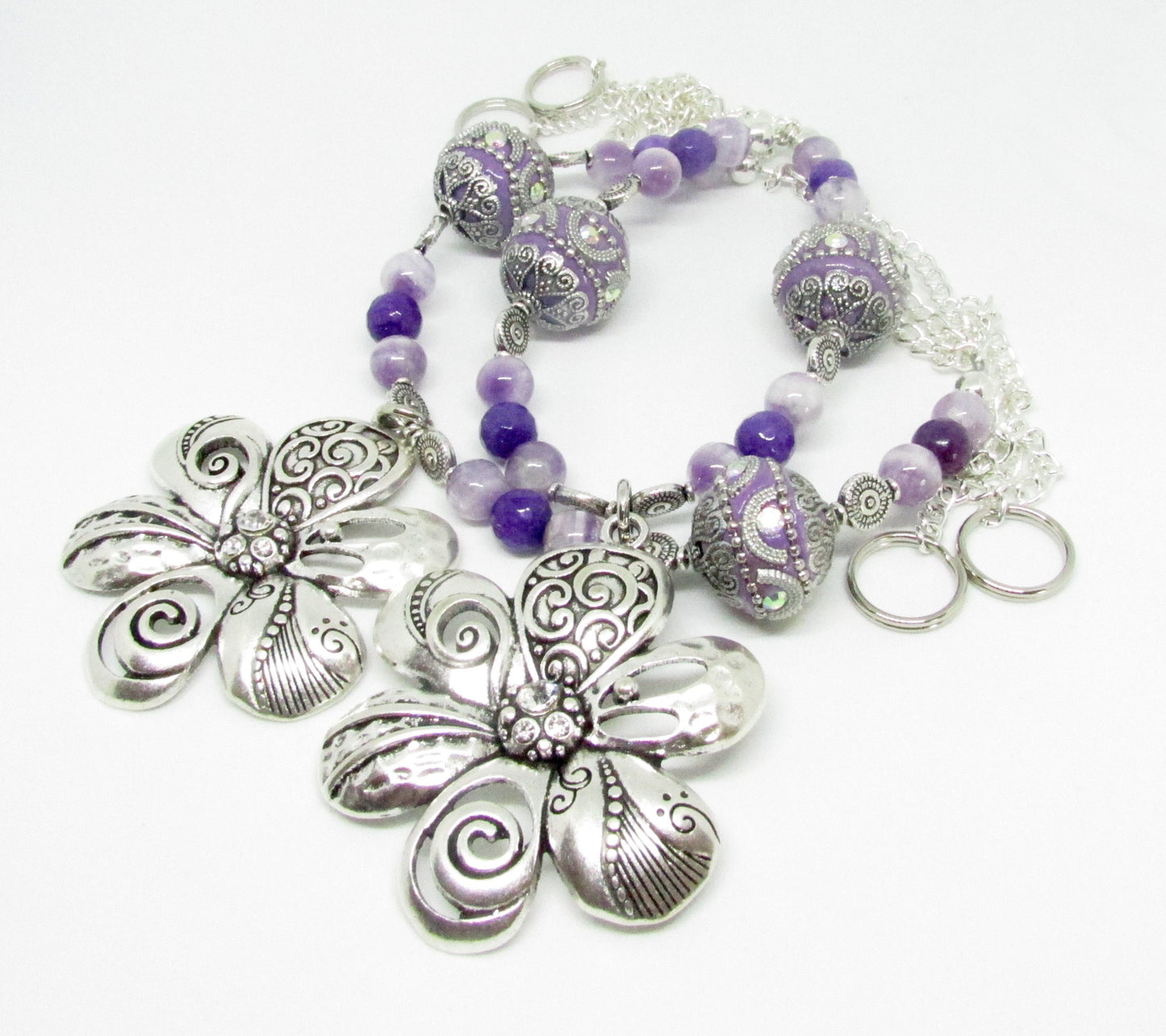 Purple Flower Curtain Tiebacks – Amethyst Bead Shabby Chic Window Decor, Handmade Set of 2