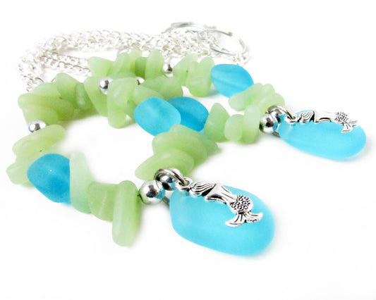 Handcrafted mermaid curtain tieback with blue and sea green cultured sea glass beads and silver mermaid pendant
