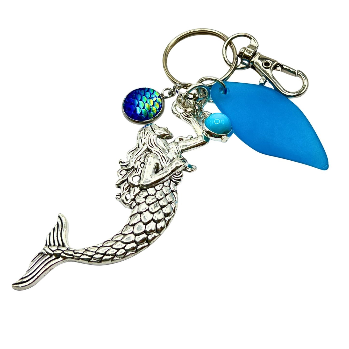 Mermaid Keychain – Large Silver Charm & Blue Sea Glass, Coastal Purse Charm (Keychain or Car Charm)