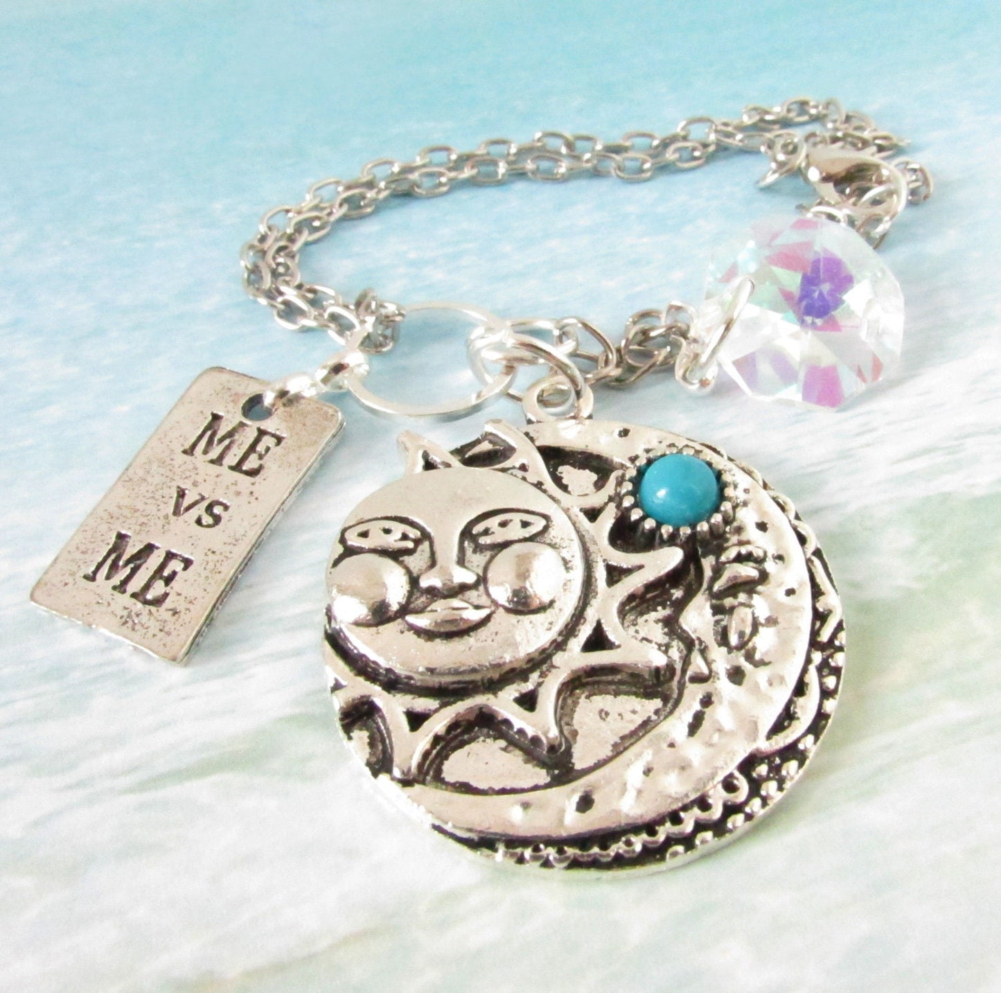 Celestial Car Charm – Sun Moon Rear View Mirror Charm with Crystal & Turquoise, Handmade Gift