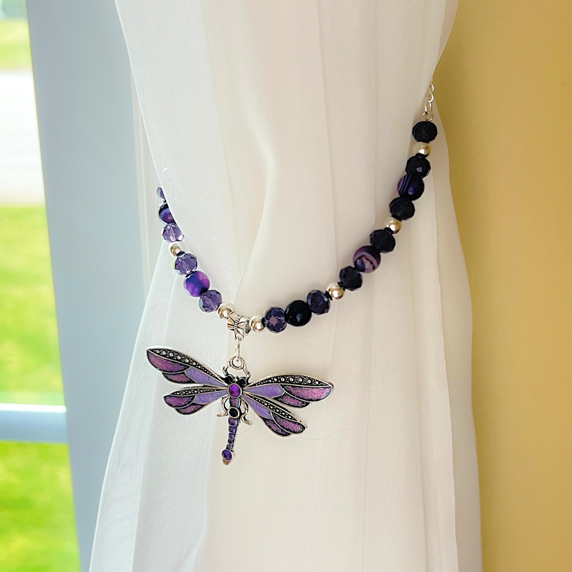 Purple Dragonfly Curtain Tiebacks: Beaded Shabby Chic Decor, Set of 2
