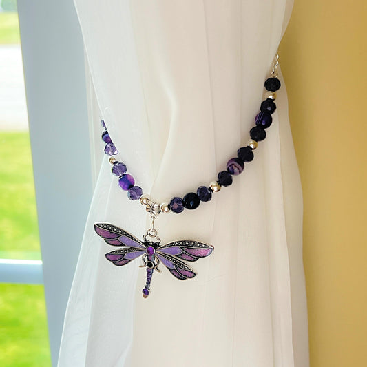 Purple Dragonfly Curtain Tiebacks: Beaded Shabby Chic Decor, Set of 2
